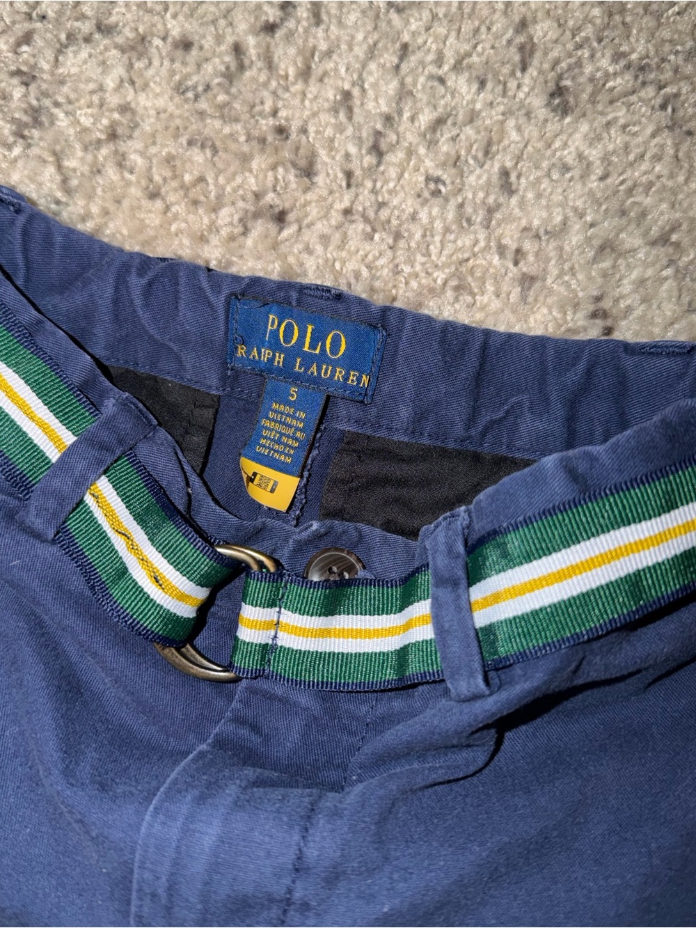 Polo by Ralph Lauren Navy Chinos with Green/White/Yellow Striped Belt